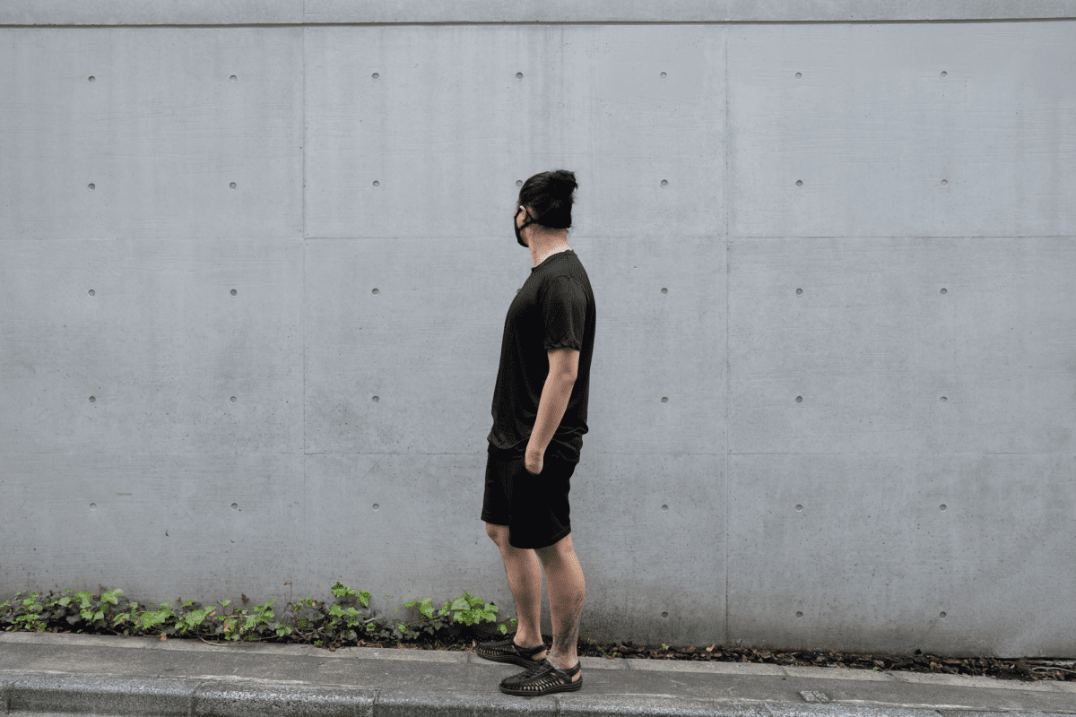 With the Airinum Mask, Outlier Ramielust T-Shirt, Lady White Co. Track Shorts, and KEEN UNEEK Sandal.