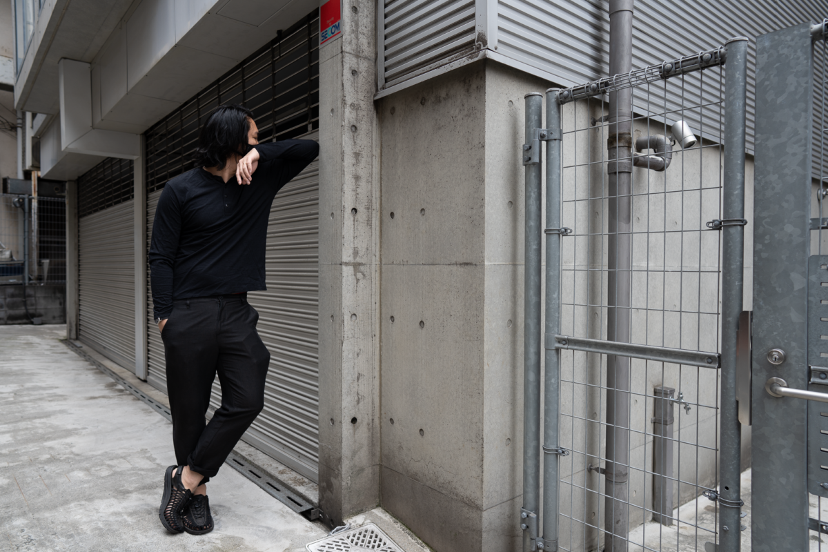With the Airinum Mask, Wool&Prince Henley, Outlier Injected Linen Pants, and KEEN UNEEK Sandal.