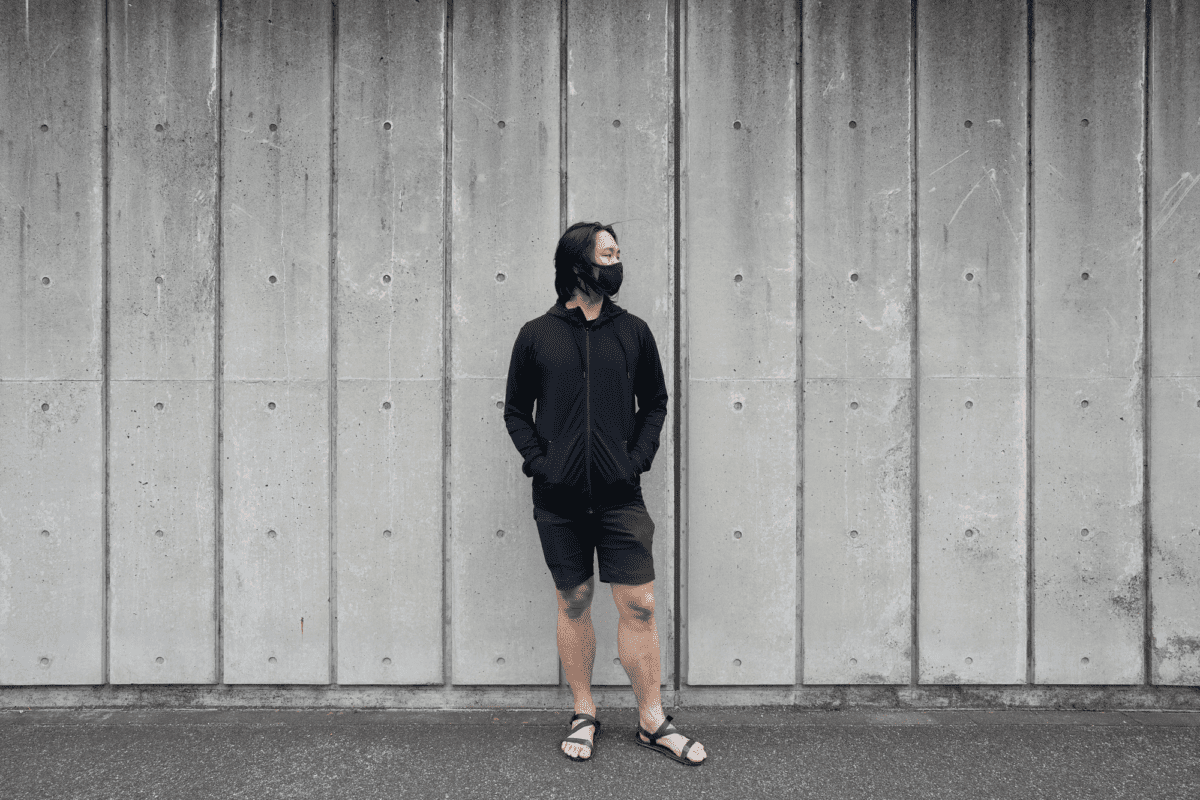 With the GORUCK Face Mask, Wool&Prince Travel Hoodie, Outlier New Way Shorts, and Xero Shoes Z-Trek.