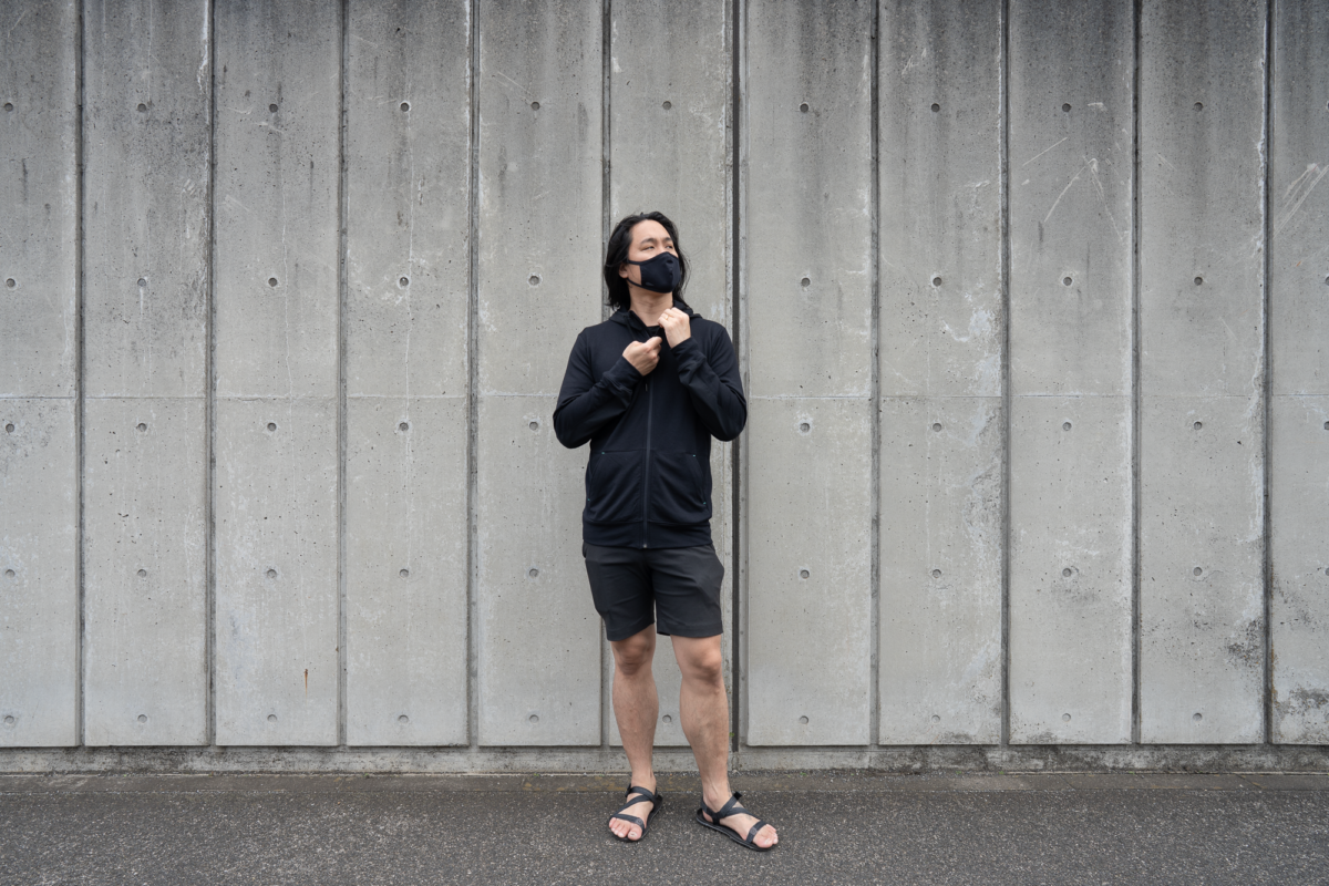 With the GORUCK Face Mask, Wool&Prince Travel Hoodie, Outlier New Way Shorts, and Xero Shoes Z-Trek.