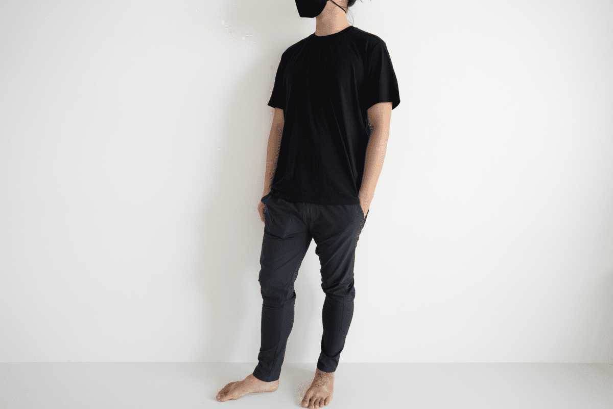 The Western Rise Spectrum Jogger in size medium. With the Fisher + Baker Everyday Cashmere Crew and TOM BIHN V3 Face Mask.