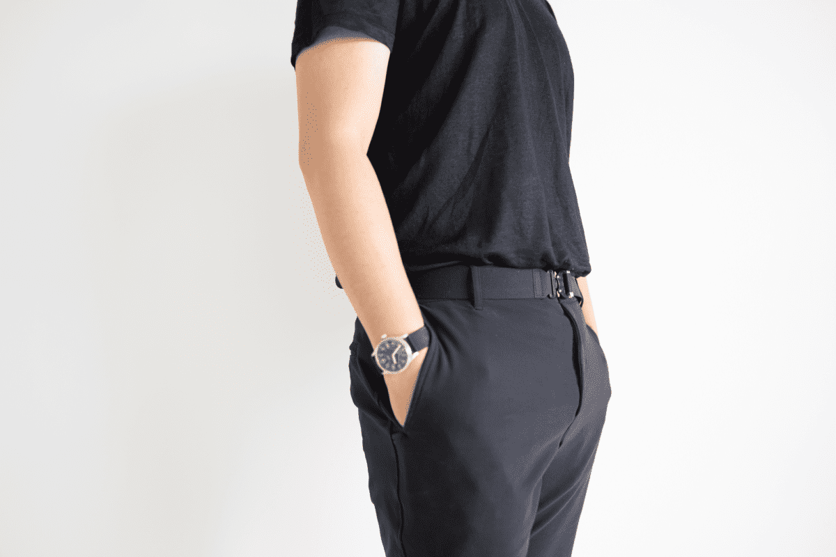 With the Outlier Ramielust T-Shirt, Outlier OG Free Ways, Outlier Polyamour Belt, and Vaer C5 Field Watch.