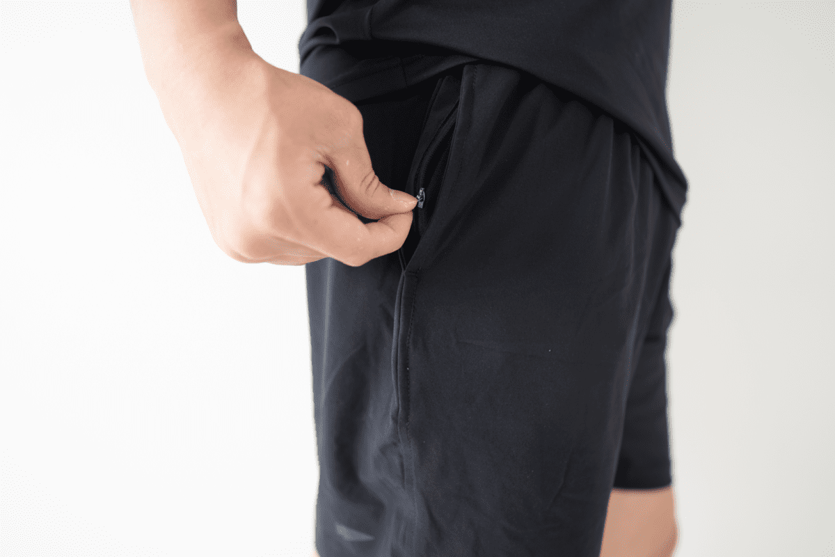 A zippered pocket within the right pocket of the GORUCK American Training Shorts.