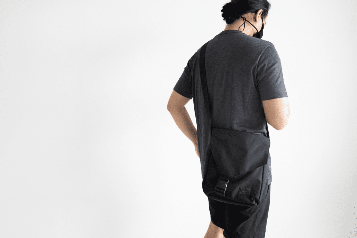 With the Outlier Mask 004, Wool&Prince Pocket Tee, TOM BIHN Cafe Bag, and Outlier New Way Shorts.